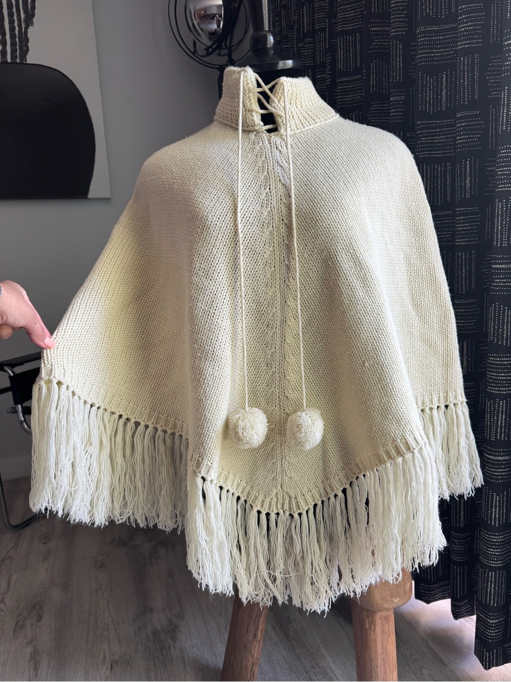Vintage Currants 70’s Boho Ivory Cream Cable Knit Fringe Pom Pom Poncho Sweater